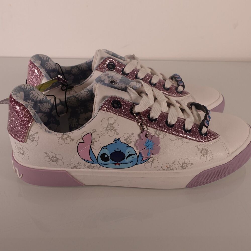 Lilo & Stitch Women Shoes White Sneaker Hawaiian Ohana Lace Up w/ Charm Size 9.5